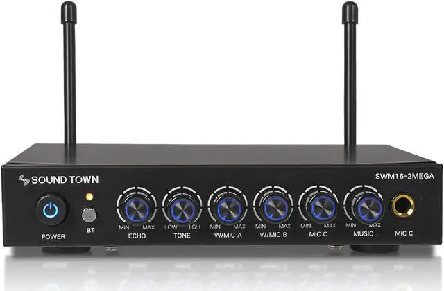 Alt view image 3 of 7 - Sound Town 100 Channels Wireless Microphone Karaoke Mixer System with 2 Metal Handheld Microphones, Optical (Toslink), AUX, for Smart TV, Home Theater, Sound Bar (SWM16-2MEGA)