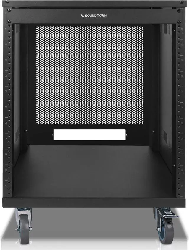 Alt view image 3 of 7 - Sound Town 12U Universal Steel Rack, w/Mesh Doors, Locking Casters, Vented Side Panels for Audio Video, Server and Network Equipment (STRK-M12UWD)