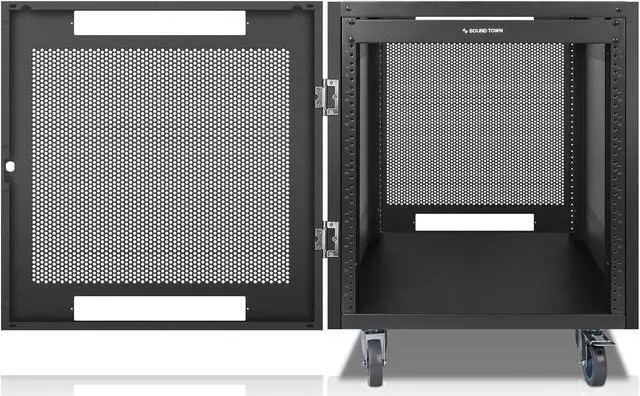 Main image of Sound Town 12U Universal Steel Rack, w/Mesh Doors, Locking Casters, Vented Side Panels for Audio Video, Server and Network Equipment (STRK-M12UWD)