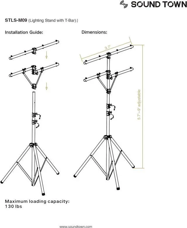 Alt view image 5 of 5 - Sound Town DJ Lighting Stand, Height Adjustable, 9 ft Tall, with Side Bars and Tripod Base (STLS-M09)