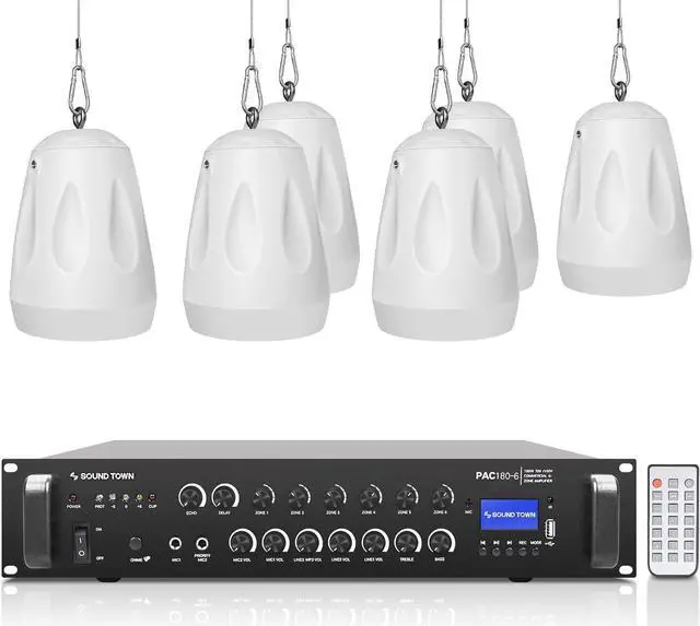 Main image of Sound Town Commercial Restaurant Bluetooth Amplifier + Pendant Speaker Set, with One 6-Zone 70V/100V Amplifier with Bluetooth, 6 x All-Weather 4-Inch Pendant Speakers, White (PAC180X6PD4W)