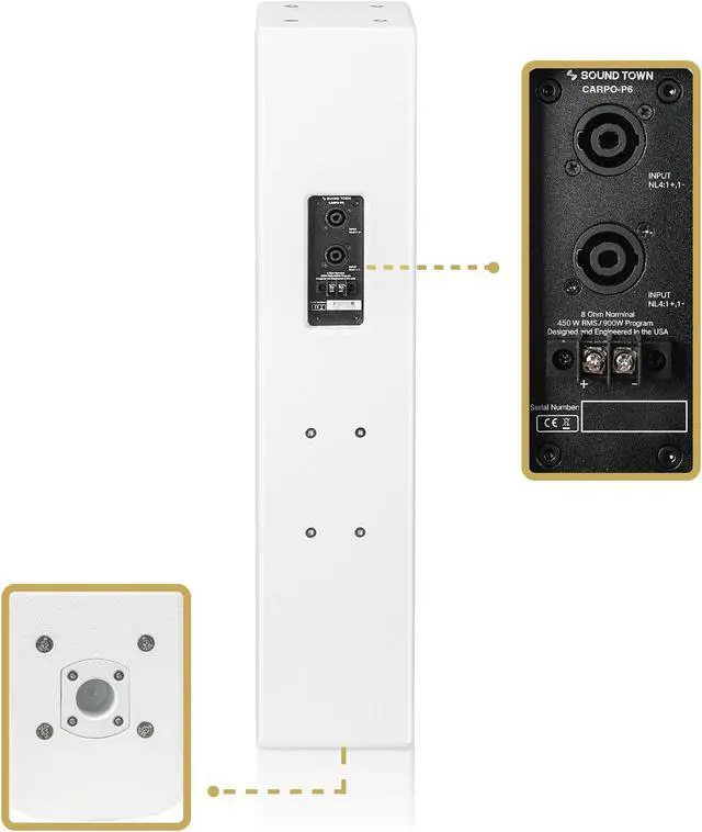 Alt view image 3 of 7 - Sound Town High-Power 900W Passive Column Line Array Speaker with 4x5-Inch Woofers, Dual Compression Drivers, Birch Plywood, Wall Mount for Installations, Conference, White (CARPO-P6W)