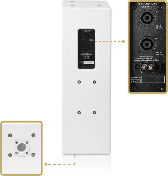 Alt view image 3 of 7 - Sound Town Pair of High-Power 500W Passive Column Line Array Speakers with 2x5 Woofers, Dual Compression Drivers, Birch Plywood, Wall Mount, Installation, Live Event, Conference, White (CARPO-P3W)
