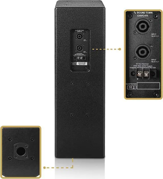 Alt view image 4 of 7 - Sound Town Pair of High-Power 500W Passive Column Line Array Speakers with 2x5 Woofers, Dual Compression Drivers, Birch Plywood, Wall Mount, Installation, Live Event, Conference, Black (CARPO-P3B)