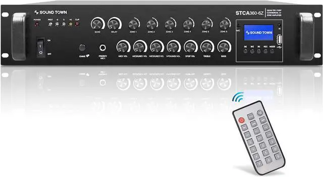 Alt view image 2 of 7 - Sound Town Commercial Restaurant Bluetooth Amplifier + Pendant Speaker Set, with One 6-Zone 70V/100V Amplifier with Bluetooth, 12 x All-Weather 4-Inch Pendant Speakers, White (STCA360X12PD4W)