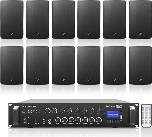 Main image of Sound Town Commercial Restaurant Bluetooth Amplifier + Surface-Mount Speaker Set, with One 6-Zone 70V/100V Amplifier with Bluetooth, 12 x 6.5-Inch Surface-Mount Speakers, Black (PAC360X12TV6B)