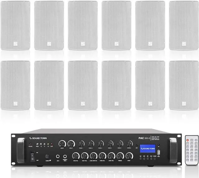 Main image of Sound Town Commercial Restaurant Bluetooth Amplifier + Surface-Mount Speaker Set, with One 6-Zone 70V/100V Amplifier with Bluetooth, 12 x 6.5-Inch Surface-Mount Speakers, White (PAC360X12TV6W)