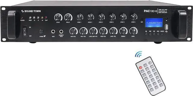 Alt view image 2 of 7 - Sound Town Commercial Restaurant Bluetooth Amplifier + Surface-Mount Speaker Set, with One 6-Zone 70V/100V Amplifier with Bluetooth, 6 x 4.5-Inch Surface-Mount Speakers, Black (PAC180X6TV4B)