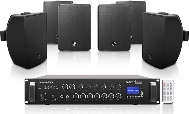 Main image of Sound Town Commercial Restaurant Bluetooth Amplifier + Surface-Mount Speaker Set, with One 6-Zone 70V/100V Amplifier with Bluetooth, 6 x 4.5-Inch Surface-Mount Speakers, Black (PAC180X6TV4B)
