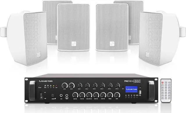 Main image of Sound Town Commercial Restaurant Bluetooth Amplifier + Surface-Mount Speaker Set, with One 6-Zone 70V/100V Amplifier with Bluetooth, 6 x 4.5-Inch Surface-Mount Speakers, White (PAC180X6TV4W)