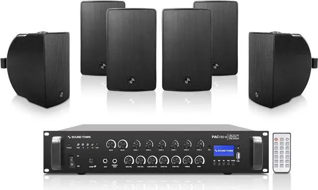 Main image of Sound Town Commercial Restaurant Bluetooth Amplifier + Surface-Mount Speaker Set, with One 6-Zone 70V/100V Amplifier with Bluetooth, 6 x 6.5-Inch Surface-Mount Speakers, Black (PAC180X6TV6B)