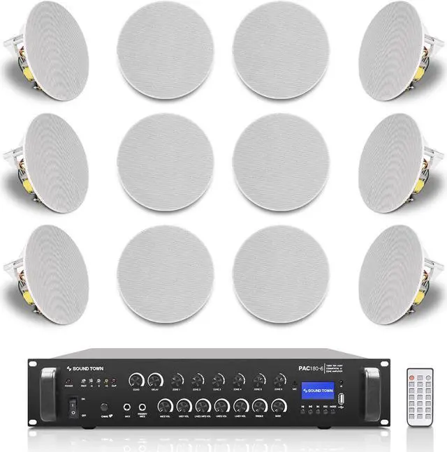 Main image of Sound Town Commercial Restaurant Bluetooth Amplifier + in-Ceiling Speaker Set, with One 6-Zone 70V/100V Amplifier with Bluetooth, 12 x Two-Way 6.5-Inch in-Ceiling Speakers, White (PAC180X12CS6N)