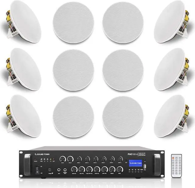 Main image of Sound Town Commercial Restaurant Bluetooth Amplifier + in-Ceiling Speaker Set, with One 6-Zone 70V/100V Amplifier with Bluetooth, 12 x Two-Way 8-Inch in-Ceiling Speakers, White (PAC180X12CS8N)