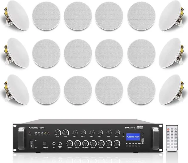 Main image of Sound Town Commercial Restaurant Bluetooth Amplifier + in-Ceiling Speaker Set, with One 6-Zone 70V/100V Amplifier with Bluetooth, 18 x Two-Way 6.5-Inch in-Ceiling Speakers, White (PAC360X18CS6N)