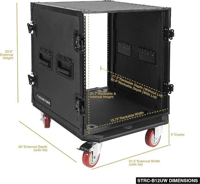 Alt view image 4 of 5 - Sound Town Black Series 12U PA/DJ Rack/Road Case with 12-Space, All-Black Anodized Hardware, Plywood, Casters, and 21 Rackable Depth - Pro Tour Grade (STRC-B12UW)