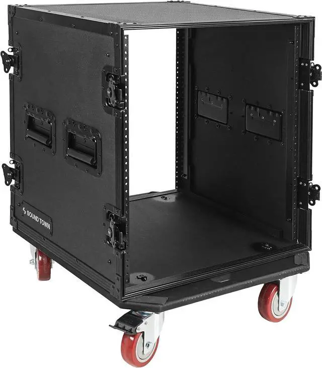 Main image of Sound Town Black Series 12U PA/DJ Rack/Road Case with 12-Space, All-Black Anodized Hardware, Plywood, Casters, and 21 Rackable Depth - Pro Tour Grade (STRC-B12UW)