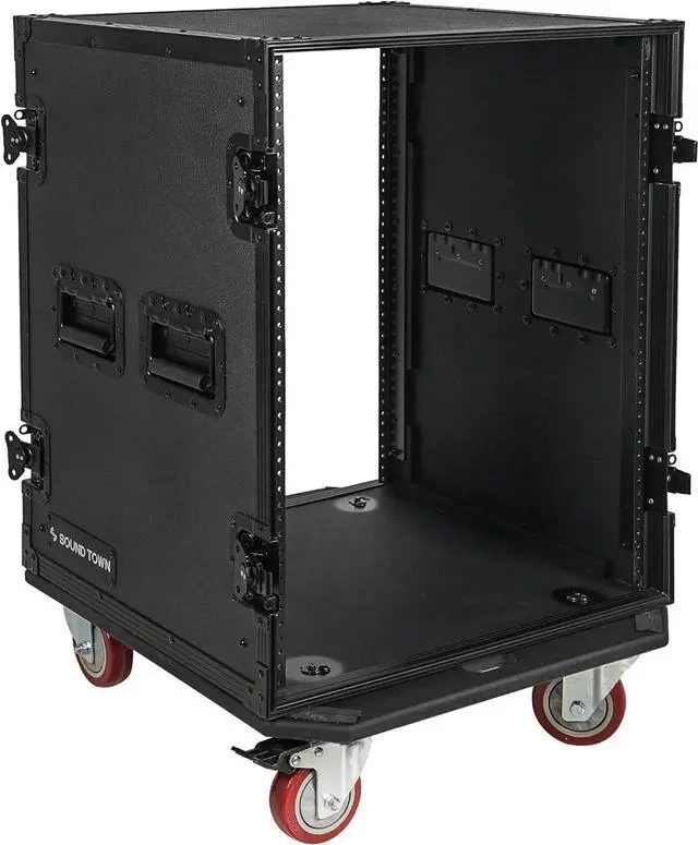 Main image of Sound Town Black Series 14U PA/DJ Rack/Road Case with 14-Space, All-Black Anodized Hardware, Plywood, Casters, and 21 Rackable Depth - Pro Tour Grade (STRC-B14UW)