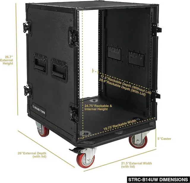 Alt view image 4 of 5 - Sound Town Black Series 14U PA/DJ Rack/Road Case with 14-Space, All-Black Anodized Hardware, Plywood, Casters, and 21 Rackable Depth - Pro Tour Grade (STRC-B14UW)