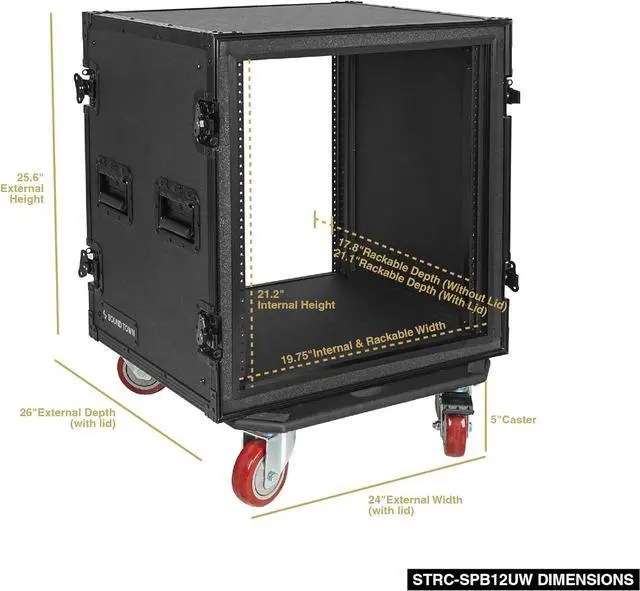 Alt view image 6 of 6 - Sound Town Black Series Shock Mount 12U ATA Plywood Rack Case with 21" Rackable Depth, All-Black Anodized Hardware and Casters, Pro Tour Grade (STRC-SPB12UW)