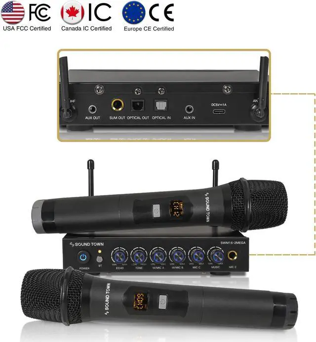Main image of Sound Town 100 Channels Wireless Microphone Karaoke Mixer System with 2 Metal Handheld Microphones, Optical (Toslink), AUX, for Smart TV, Home Theater, Sound Bar (SWM16-2MEGA)