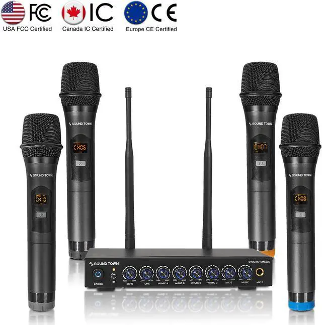 Main image of Sound Town 200 Channels Wireless Microphone Karaoke Mixer System, with 4 Metal Handheld Microphones, Optical (Toslink), AUX, for Smart TV, Home Theater, Sound Bar (SWM16-4MEGA)