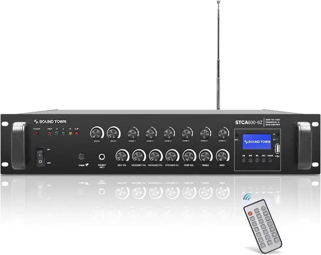 Main image of Sound Town 600W 6-Zone 70V/100V Commercial Power Amplifier with Bluetooth, Optical, Phantom Power, for Restaurants, Lounges, Bars, Pubs, Schools (STCA600-6Z)