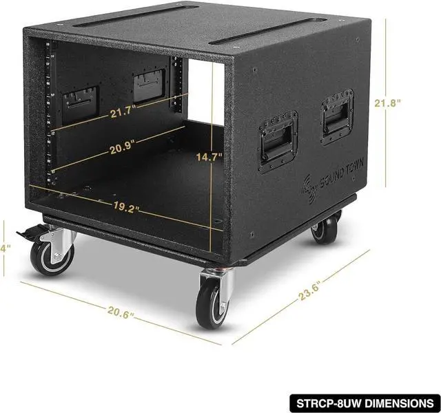 Alt view image 7 of 7 - Sound Town 8U PA/DJ Rack/Road Case with 8-Space, Industry-Grade Plywood with Polyurea Coating, Rain Cover, Casters, 21.7" Rackable Depth - Pro Tour Grade (STRCP-8UW)