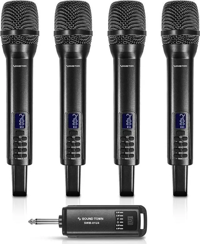 Main image of Sound Town 2.4G Hz Rechargeable Wireless Microphone System with 4 x Handheld Mic, 1/4" Mini Portable Receiver, Built-in EQ, Effects for Karaoke, Events, Church, Meetings (SWM-01U4)
