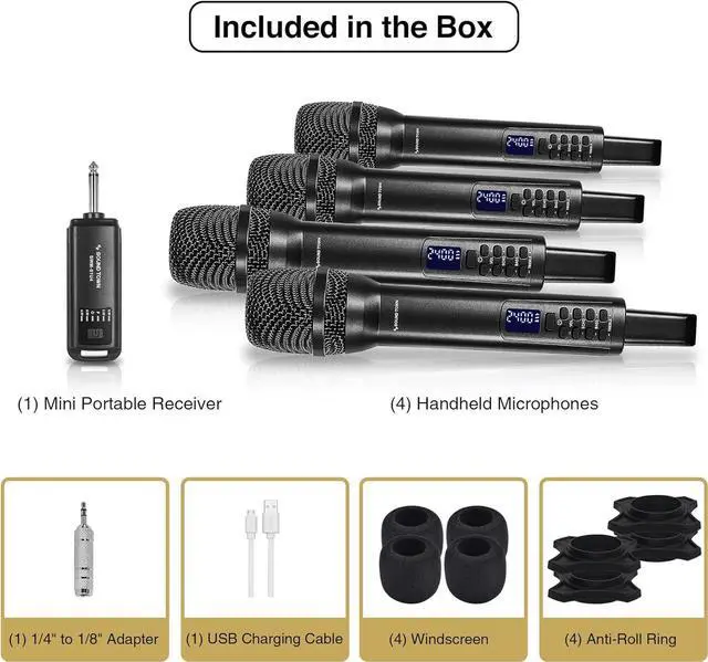 Alt view image 5 of 5 - Sound Town 2.4G Hz Rechargeable Wireless Microphone System with 4 x Handheld Mic, 1/4" Mini Portable Receiver, Built-in EQ, Effects for Karaoke, Events, Church, Meetings (SWM-01U4)