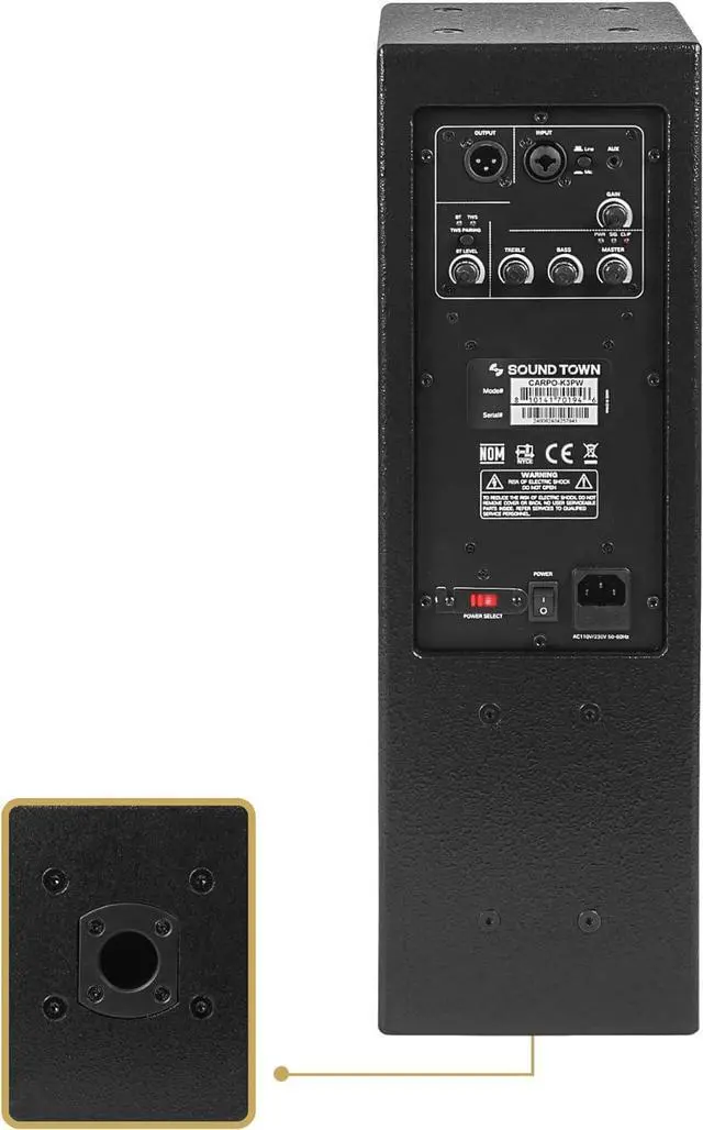 Alt view image 3 of 7 - Sound Town Powered Column Line Array Speaker with 2x5-Inch Woofers, Dual Compression Drivers, Class-D amp. TWS, Birch Plywood, Wall Mount Installation, Black (CARPO-K3PW)