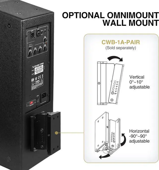 Alt view image 6 of 7 - Sound Town Powered Column Line Array Speaker with 2x5-Inch Woofers, Dual Compression Drivers, Class-D amp. TWS, Birch Plywood, Wall Mount Installation, Black (CARPO-K3PW)