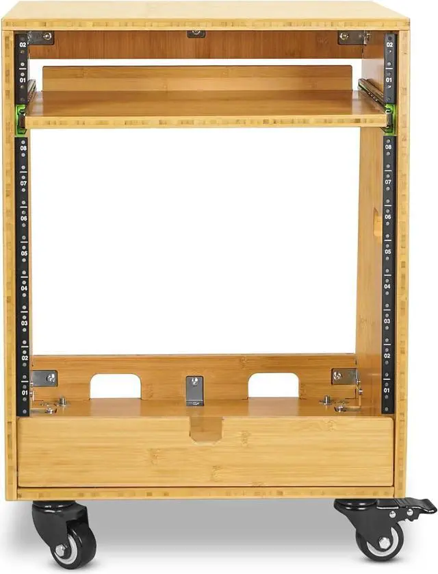 Alt view image 2 of 6 - Sound Town DIY Solid Carbonized Bamboo Slanted 10U Studio Rack (2U Top + 8U Lower), with 2U Bottom Storage, Slide-Out Tray, Caster, For Recording Room, Home Studio (STBR-ST10T)