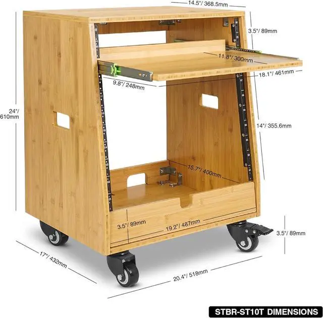 Alt view image 5 of 6 - Sound Town DIY Solid Carbonized Bamboo Slanted 10U Studio Rack (2U Top + 8U Lower), with 2U Bottom Storage, Slide-Out Tray, Caster, For Recording Room, Home Studio (STBR-ST10T)