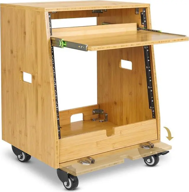Alt view image 4 of 6 - Sound Town DIY Solid Carbonized Bamboo Slanted 10U Studio Rack (2U Top + 8U Lower), with 2U Bottom Storage, Slide-Out Tray, Caster, For Recording Room, Home Studio (STBR-ST10T)