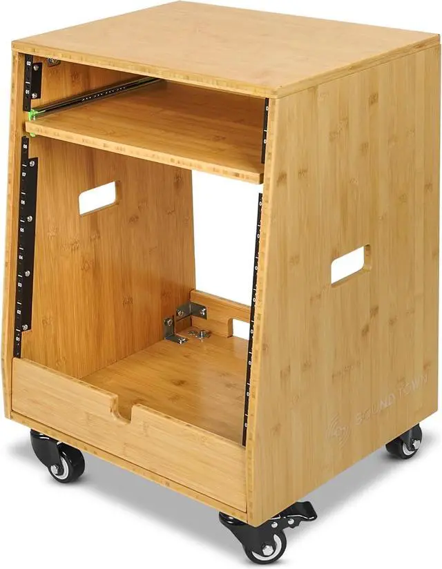 Alt view image 3 of 6 - Sound Town DIY Solid Carbonized Bamboo Slanted 10U Studio Rack (2U Top + 8U Lower), with 2U Bottom Storage, Slide-Out Tray, Caster, For Recording Room, Home Studio (STBR-ST10T)