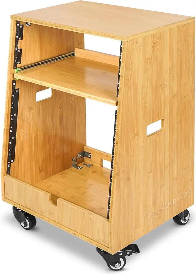 Alt view image 4 of 6 - Sound Town DIY Solid Carbonized Bamboo Slanted 12U Studio Rack (4U Top + 8U Lower), with 2U Bottom Storage, Slide-Out Tray, Caster, For Recording Room, Home Studio (STBR-ST12T)