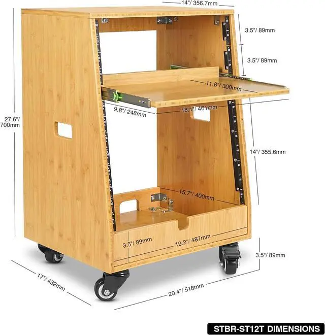 Alt view image 5 of 6 - Sound Town DIY Solid Carbonized Bamboo Slanted 12U Studio Rack (4U Top + 8U Lower), with 2U Bottom Storage, Slide-Out Tray, Caster, For Recording Room, Home Studio (STBR-ST12T)