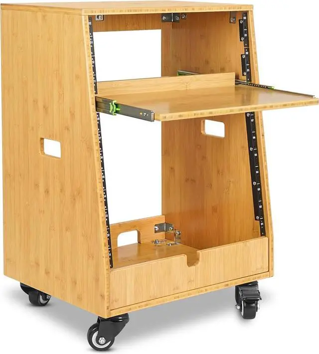 Main image of Sound Town DIY Solid Carbonized Bamboo Slanted 12U Studio Rack (4U Top + 8U Lower), with 2U Bottom Storage, Slide-Out Tray, Caster, For Recording Room, Home Studio (STBR-ST12T)