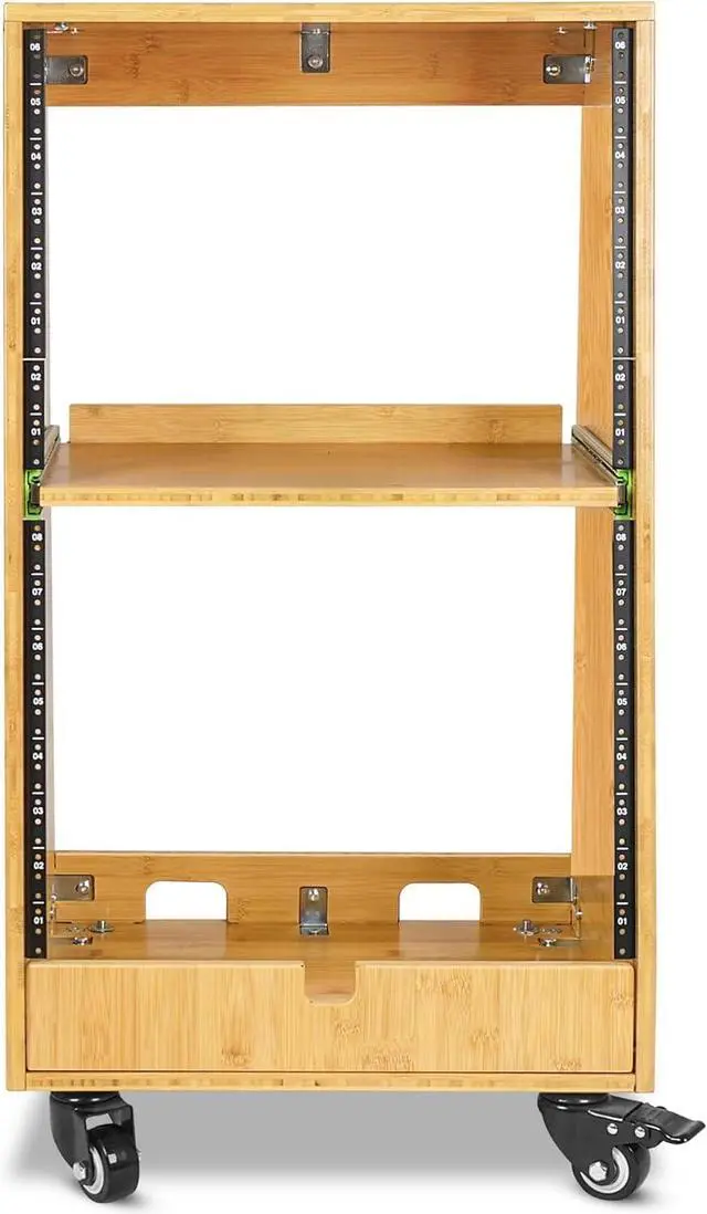 Alt view image 2 of 6 - Sound Town DIY Solid Carbonized Bamboo Slanted 16U Studio Rack (8U Top + 8U Lower), with 2U Bottom Storage, Slide-Out Tray, Caster, For Recording Room, Home Studio (STBR-ST16T)