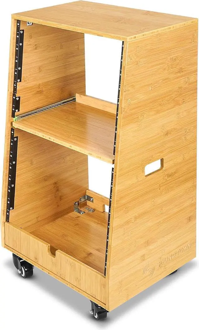 Alt view image 3 of 6 - Sound Town DIY Solid Carbonized Bamboo Slanted 16U Studio Rack (8U Top + 8U Lower), with 2U Bottom Storage, Slide-Out Tray, Caster, For Recording Room, Home Studio (STBR-ST16T)