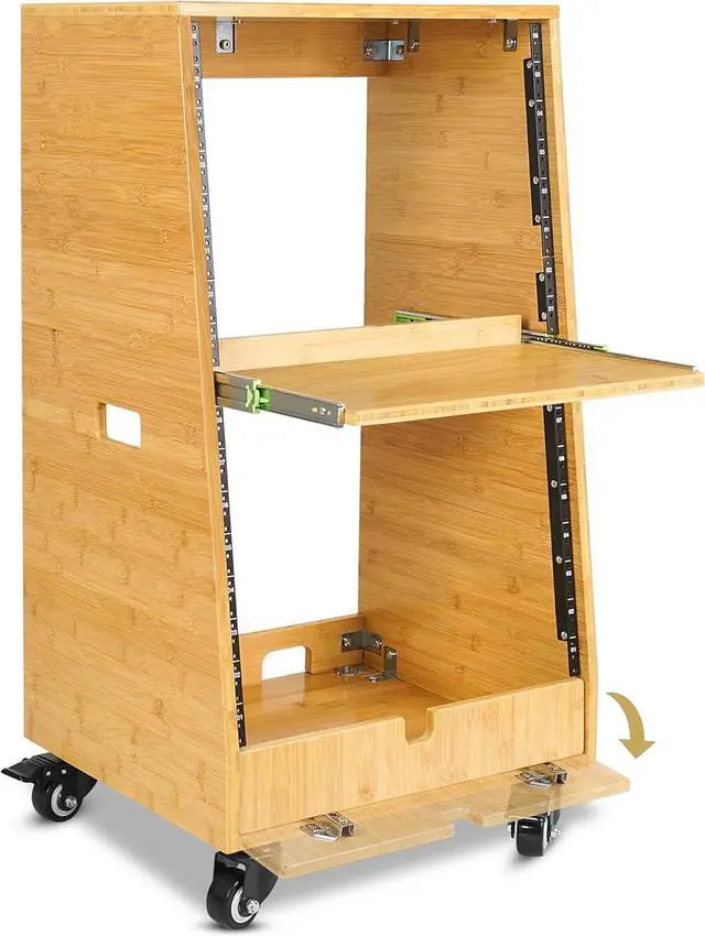 Alt view image 4 of 6 - Sound Town DIY Solid Carbonized Bamboo Slanted 16U Studio Rack (8U Top + 8U Lower), with 2U Bottom Storage, Slide-Out Tray, Caster, For Recording Room, Home Studio (STBR-ST16T)