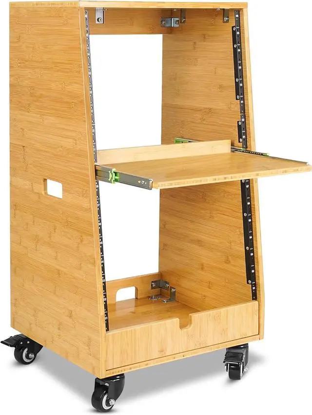 Main image of Sound Town DIY Solid Carbonized Bamboo Slanted 16U Studio Rack (8U Top + 8U Lower), with 2U Bottom Storage, Slide-Out Tray, Caster, For Recording Room, Home Studio (STBR-ST16T)