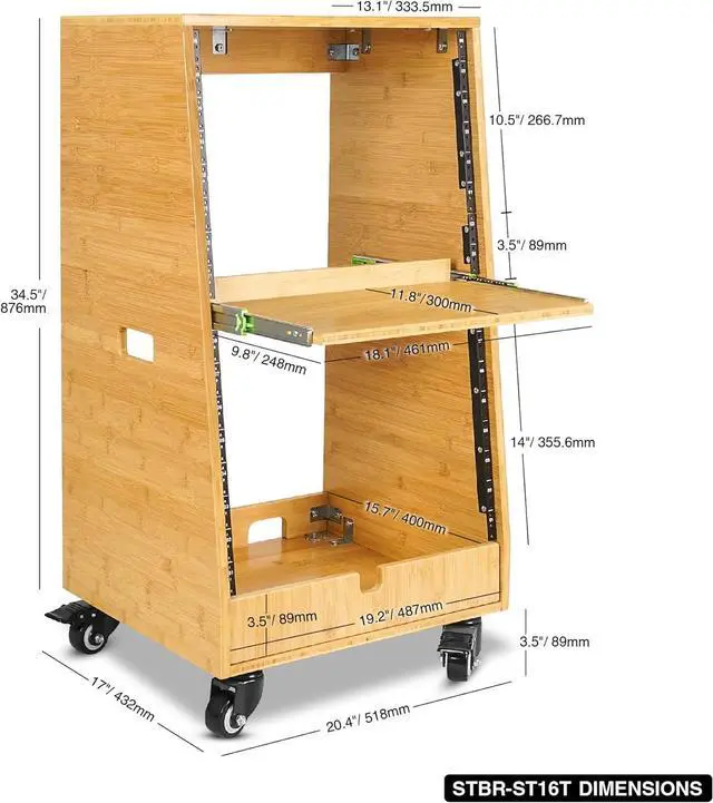 Alt view image 5 of 6 - Sound Town DIY Solid Carbonized Bamboo Slanted 16U Studio Rack (8U Top + 8U Lower), with 2U Bottom Storage, Slide-Out Tray, Caster, For Recording Room, Home Studio (STBR-ST16T)