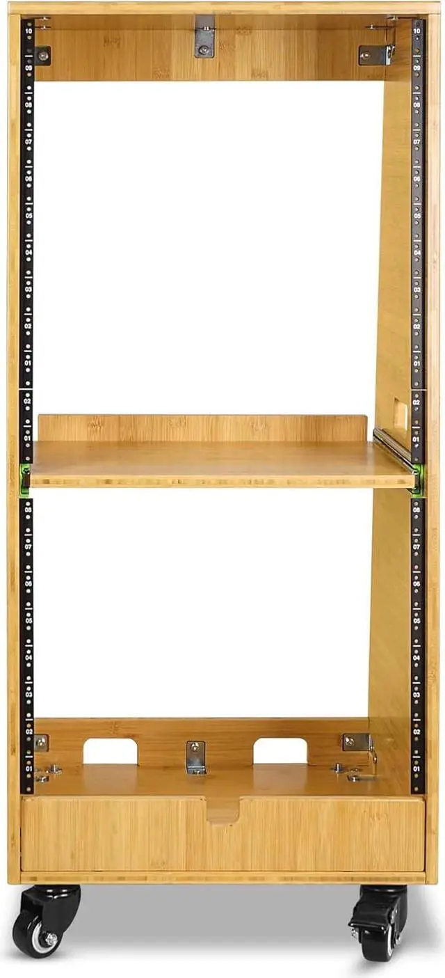 Alt view image 2 of 6 - Sound Town DIY Solid Carbonized Bamboo Slanted 20U Studio Rack (12U Top + 8U Lower), with 2U Bottom Storage, Slide-Out Tray, Caster, for Recording Room, Home Studio (STBR-ST20T)