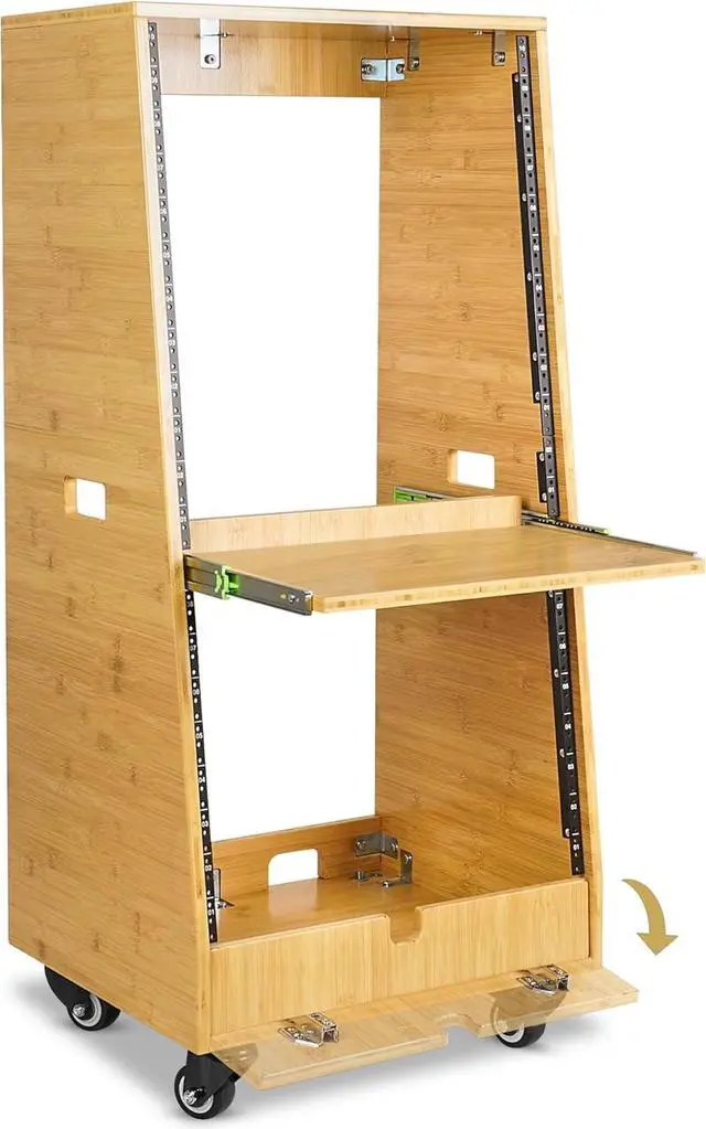 Alt view image 4 of 6 - Sound Town DIY Solid Carbonized Bamboo Slanted 20U Studio Rack (12U Top + 8U Lower), with 2U Bottom Storage, Slide-Out Tray, Caster, for Recording Room, Home Studio (STBR-ST20T)