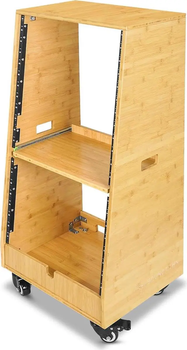 Alt view image 3 of 6 - Sound Town DIY Solid Carbonized Bamboo Slanted 20U Studio Rack (12U Top + 8U Lower), with 2U Bottom Storage, Slide-Out Tray, Caster, for Recording Room, Home Studio (STBR-ST20T)