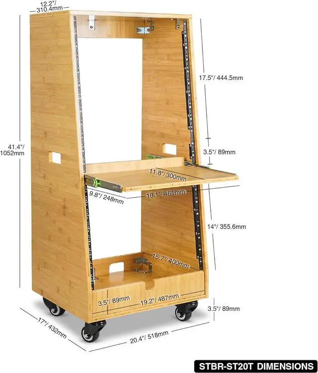 Alt view image 5 of 6 - Sound Town DIY Solid Carbonized Bamboo Slanted 20U Studio Rack (12U Top + 8U Lower), with 2U Bottom Storage, Slide-Out Tray, Caster, for Recording Room, Home Studio (STBR-ST20T)