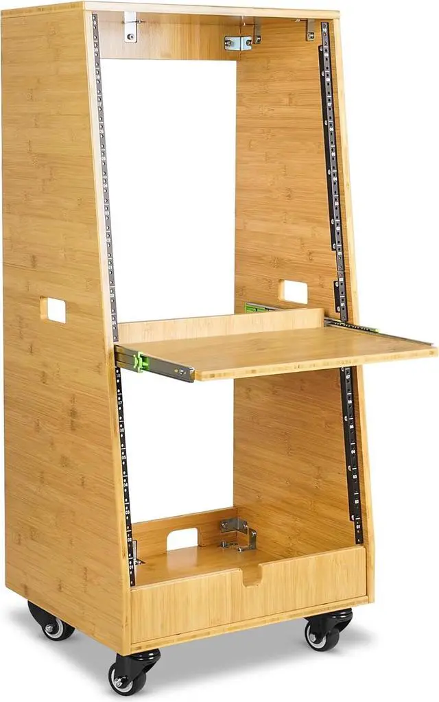 Main image of Sound Town DIY Solid Carbonized Bamboo Slanted 20U Studio Rack (12U Top + 8U Lower), with 2U Bottom Storage, Slide-Out Tray, Caster, for Recording Room, Home Studio (STBR-ST20T)