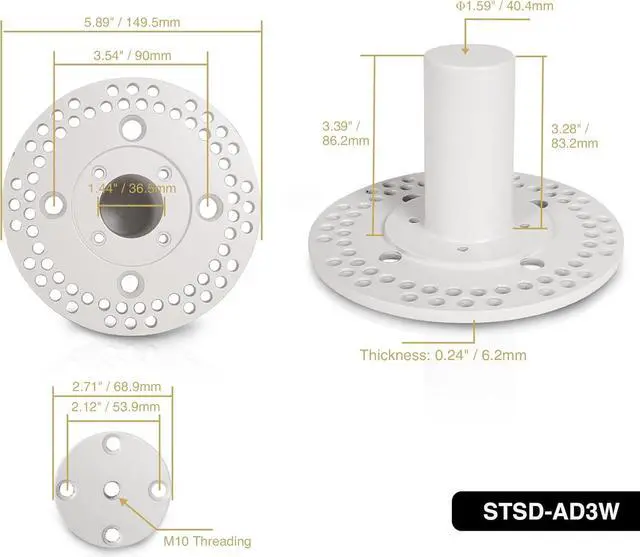 Alt view image 4 of 4 - Sound Town Speaker Pole Mounts, PA/DJ Speaker Cabinet Adapters, Two with 35mm (1 3/8") Pole Mounting, Two with M10 Threaded Mounting, White (STSD-AD3W-PAIR)