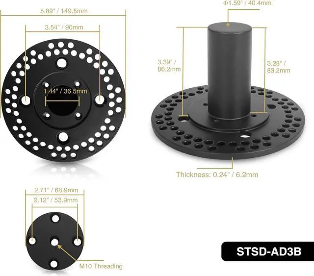 Alt view image 3 of 4 - Sound Town Speaker Pole Mounts, PA/DJ Speaker Cabinet Adapters, Two with 35mm (1 3/8") Pole Mounting, Two with M10 Threaded Mounting, Black (STSD-AD3B-PAIR)